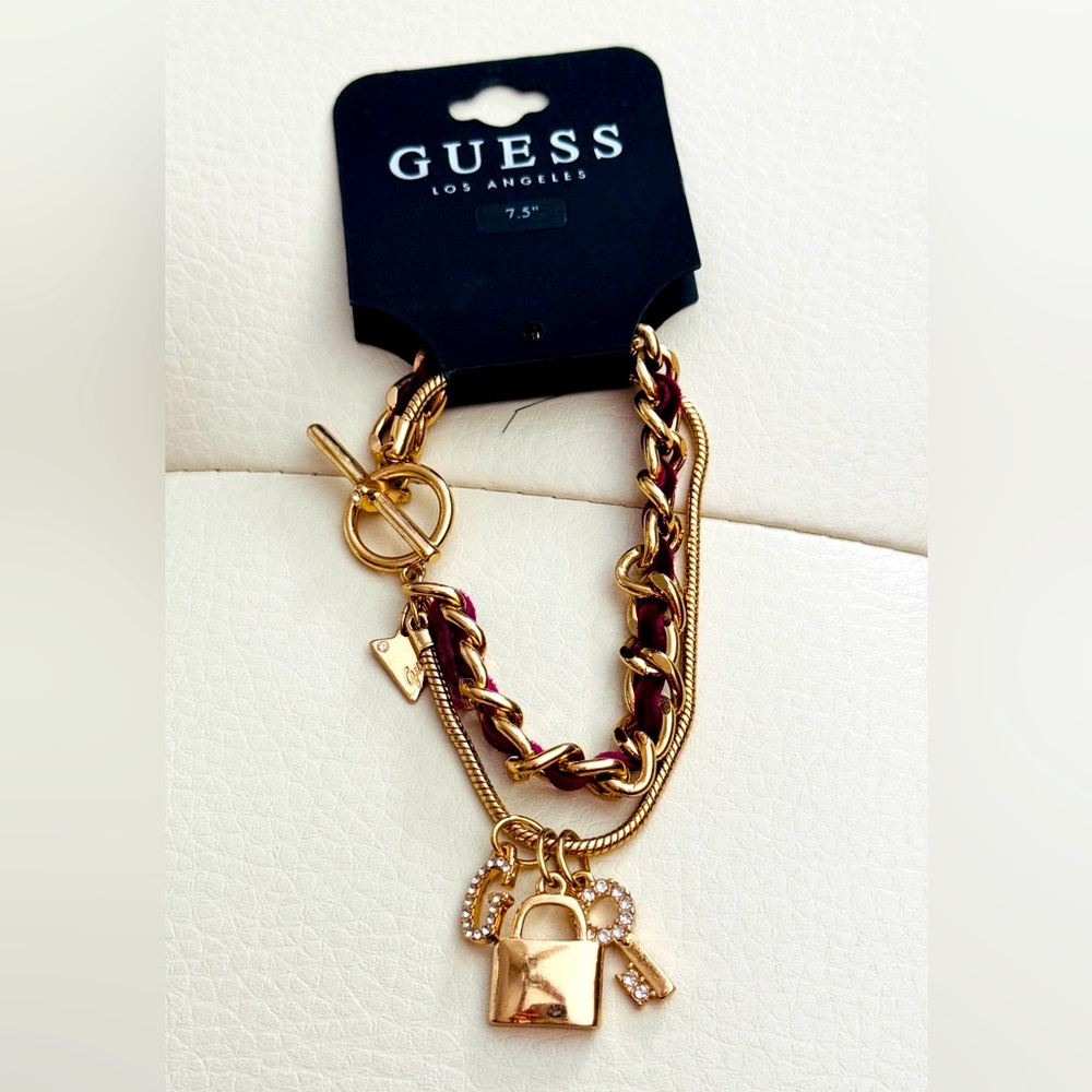 Guess Charm Bracelet red velevet gold link chain crystal fashion accessories NWT